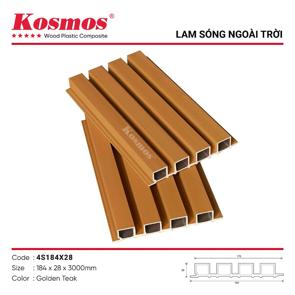 Tấm ốp lam 4 sóng gỗ nhựa 2 lớp phủ ASA Golden Teak