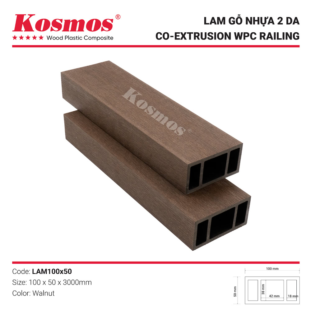 Thanh gỗ nhựa Composite 2 lớp phủ Polymer mã LAM100X50 màu Walnut (Nâu) Thanh gỗ nhựa Composite 2 lớp phủ Polymer mã LAM100X50 màu Walnut (Nâu)