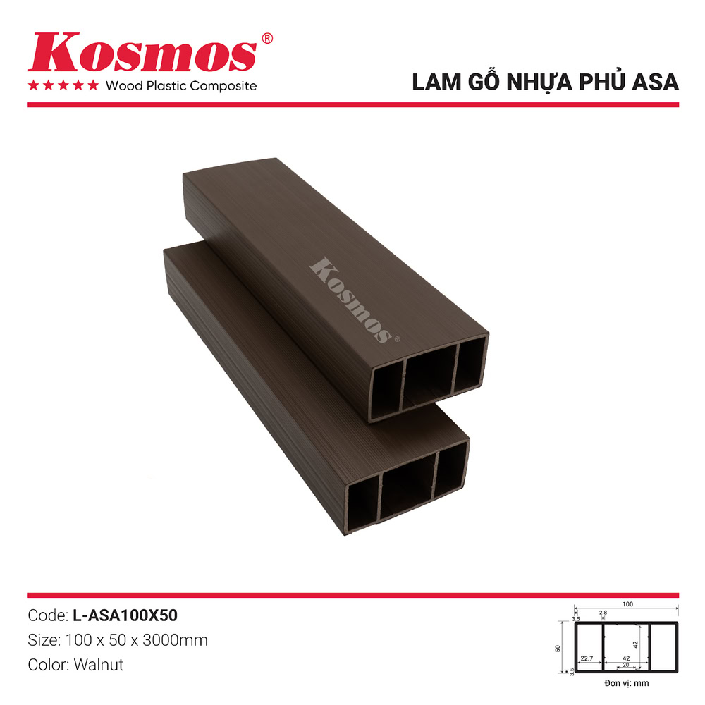 Thanh lam gỗ nhựa 2 lớp ASA màu Walnut, vân sọc đặc biệt mã L-ASA100X50