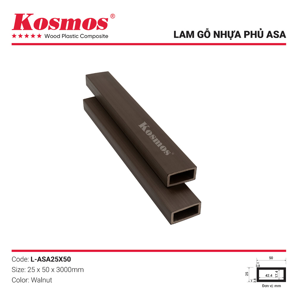 Thanh lam gỗ nhựa 2 lớp phủ ASA L-ASA25X50 Kosmos màu Walnut