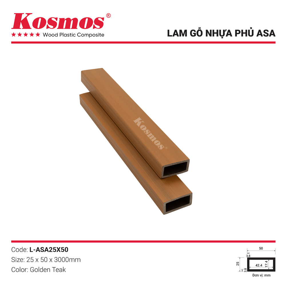 Thanh lam gỗ nhựa 2 lớp phủ ASA màu Golden Teak, vân sọc đặc biệt L-ASA25X50 Kosmos