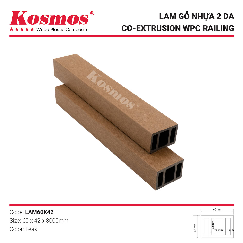 Thanh lam gỗ nhựa 2 lớp phủ Polymer LAM60X42 Teak (vàng cam)