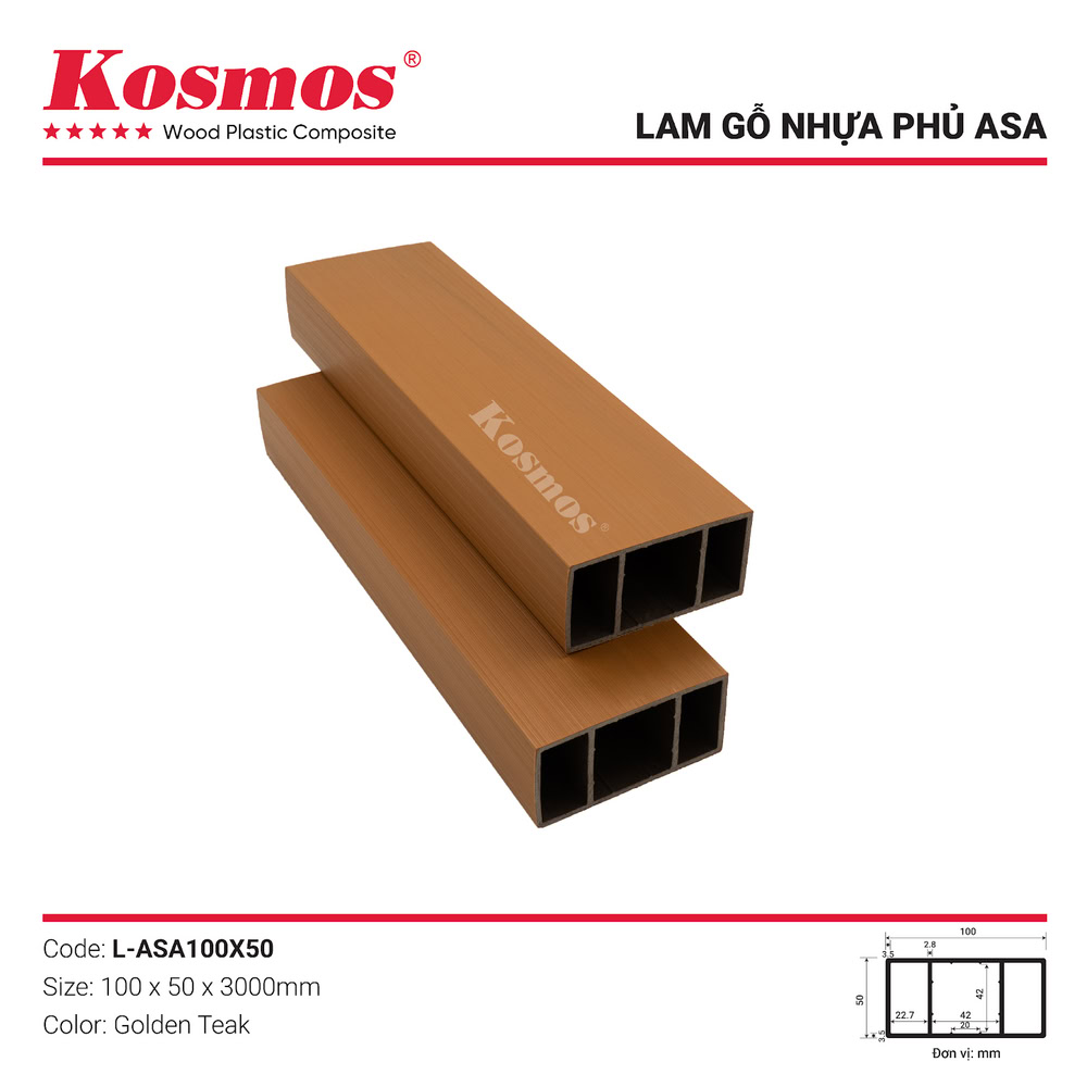 Thanh lam gỗ nhựa ASA L-ASA100X50 Golden Teak vân sọc đặc biệt Thanh lam gỗ nhựa ASA L-ASA100X50 Golden Teak vân sọc đặc biệt
