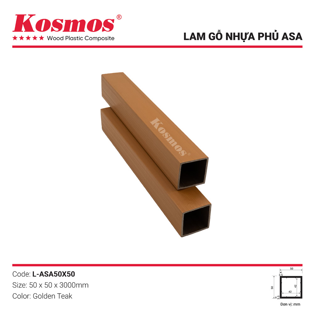 Thanh lam gỗ nhựa ASA vân sọc đặc biệt màu Golden Teak L-ASA50X50 Kosmos