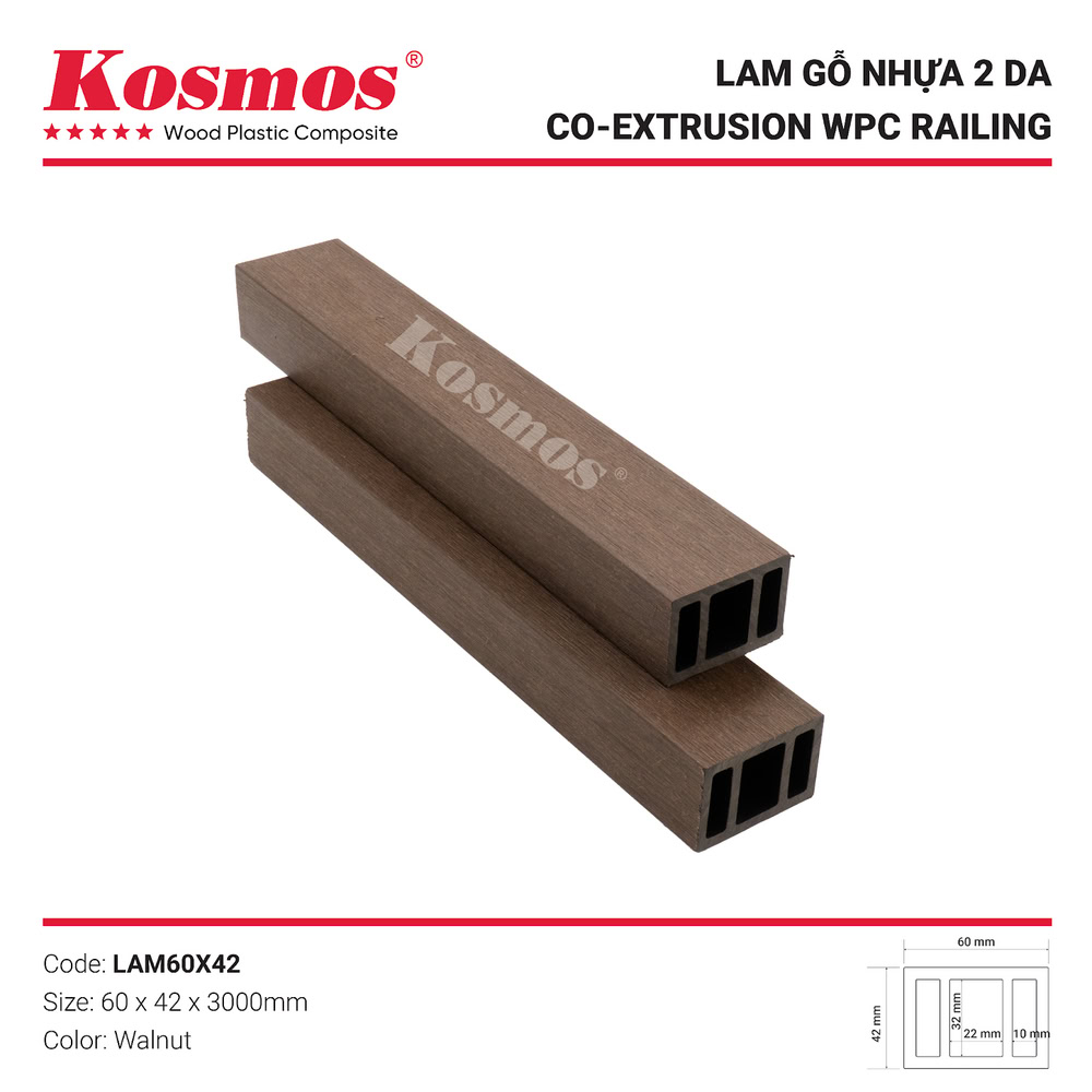 Thanh lam gỗ nhựa ngoài trời 2 da LAM60X42 Walnut (nâu)