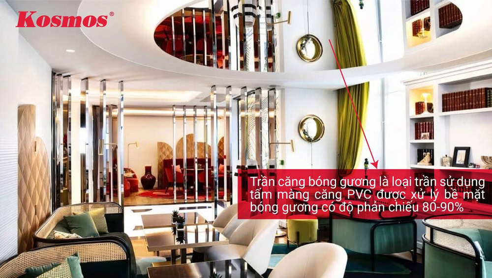 Trần căng bóng gương là loại trần sử dụng tấm màng căng PVC được xử lý bề mặt bóng gương có độ phản chiếu 80-90% Trần căng bóng gương là loại trần sử dụng tấm màng căng PVC được xử lý bề mặt bóng gương có độ phản chiếu 80-90%