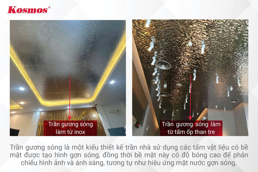 Trần gương sóng được ốp bằng tấm inox hoặc tấm ốp than tre Trần gương sóng được ốp bằng tấm inox hoặc tấm ốp than tre