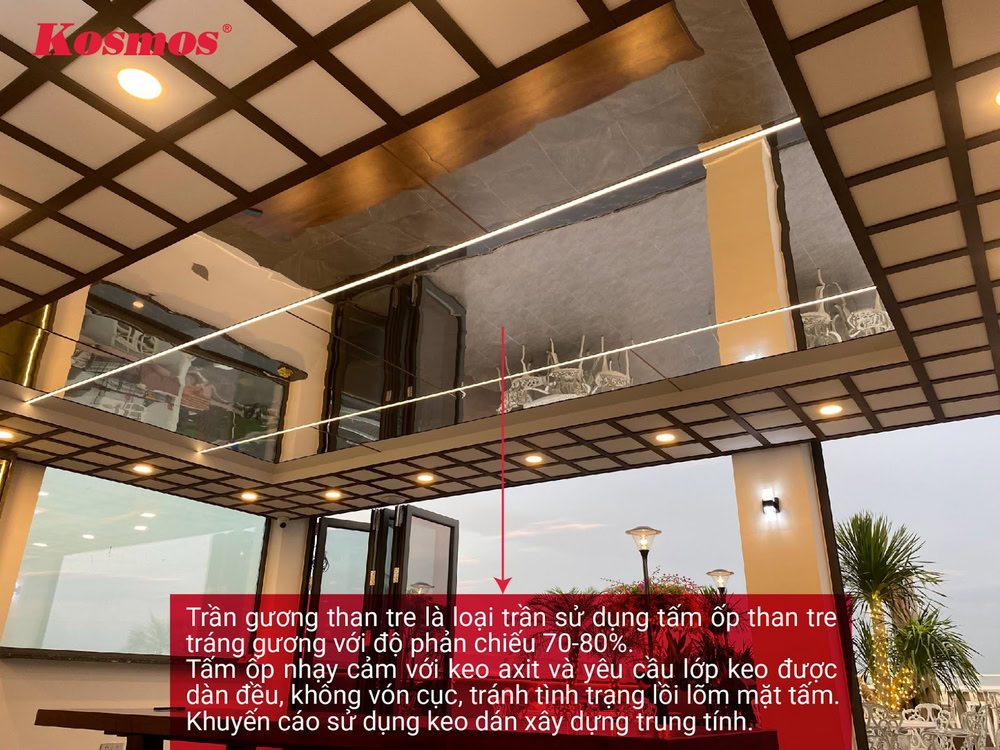 Trần gương than tre là loại trần sử dụng tấm ốp than tre tráng gương với độ phản chiếu 70-80% Trần gương than tre là loại trần sử dụng tấm ốp than tre tráng gương với độ phản chiếu 70-80%