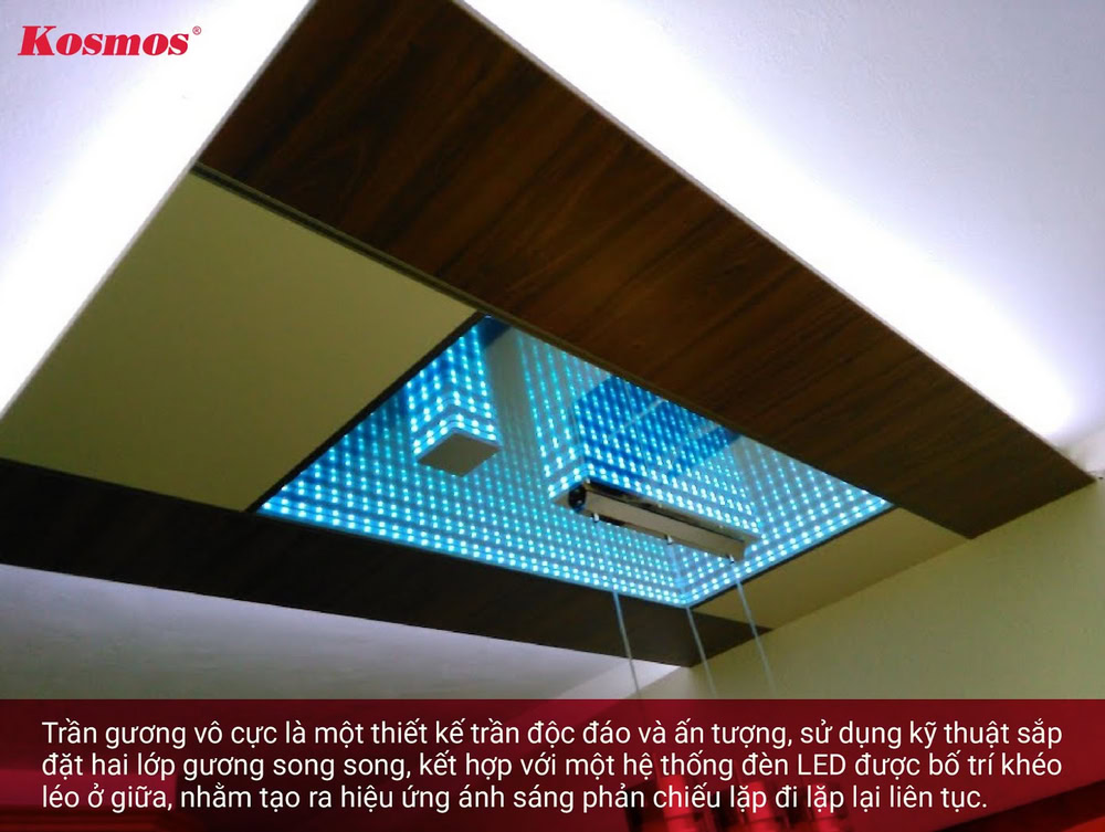 Trần gương vô cực sử dụng 2 lớp gương và 1 hệ thống đèn led ở giữa Trần gương vô cực sử dụng 2 lớp gương và 1 hệ thống đèn led ở giữa