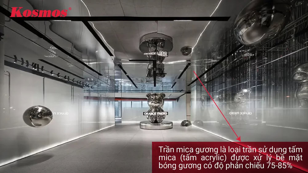 Trần mica gương là loại trần sử dụng tấm mica (tấm acrylic) được xử lý bề mặt bóng gương có độ phản chiếu 75-85% Trần mica gương là loại trần sử dụng tấm mica (tấm acrylic) được xử lý bề mặt bóng gương có độ phản chiếu 75-85%