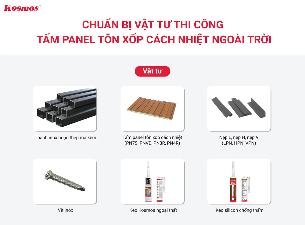 Vật tư thi công ốp tấm Panel tôn xốp cách nhiệt ngoài trời