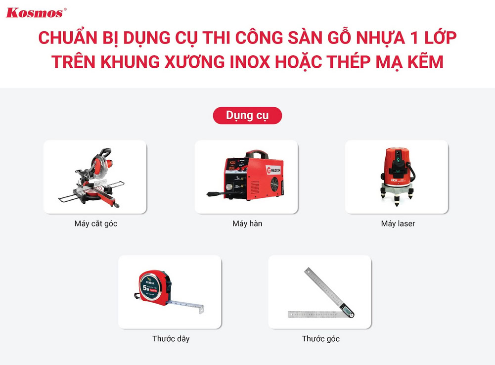5 loại dụng cụ thi công sàn gỗ nhựa 1 lớp trên khung xương inox
