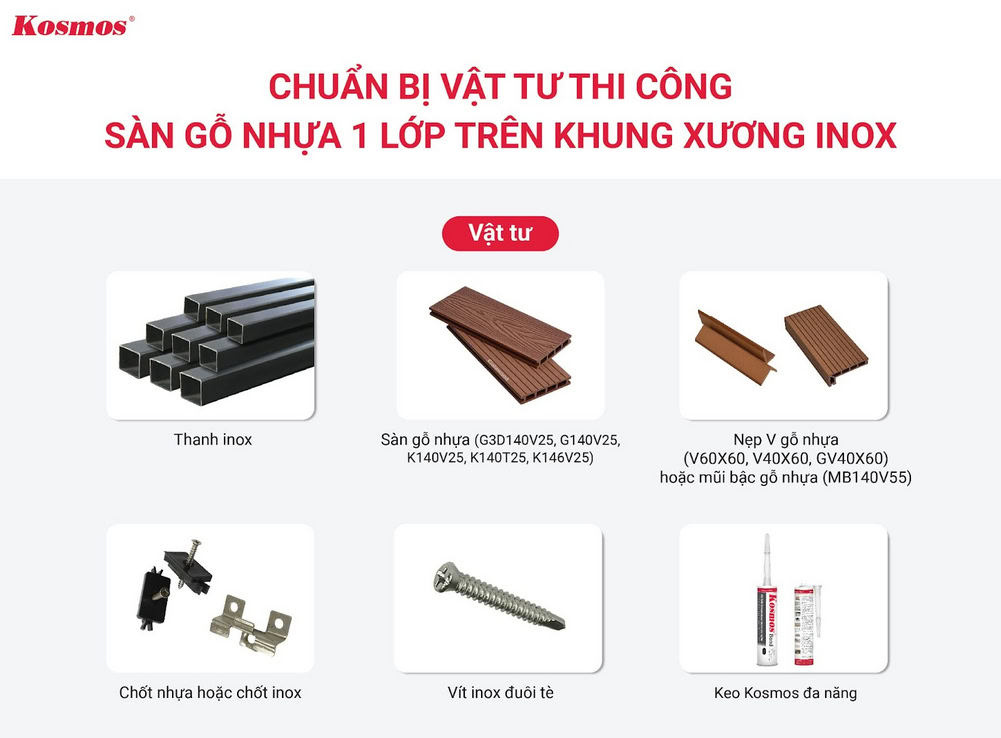 6 loại vật tư thi công sàn gỗ nhựa 1 lớp trên khung xương inox hoặc thép mạ kẽm