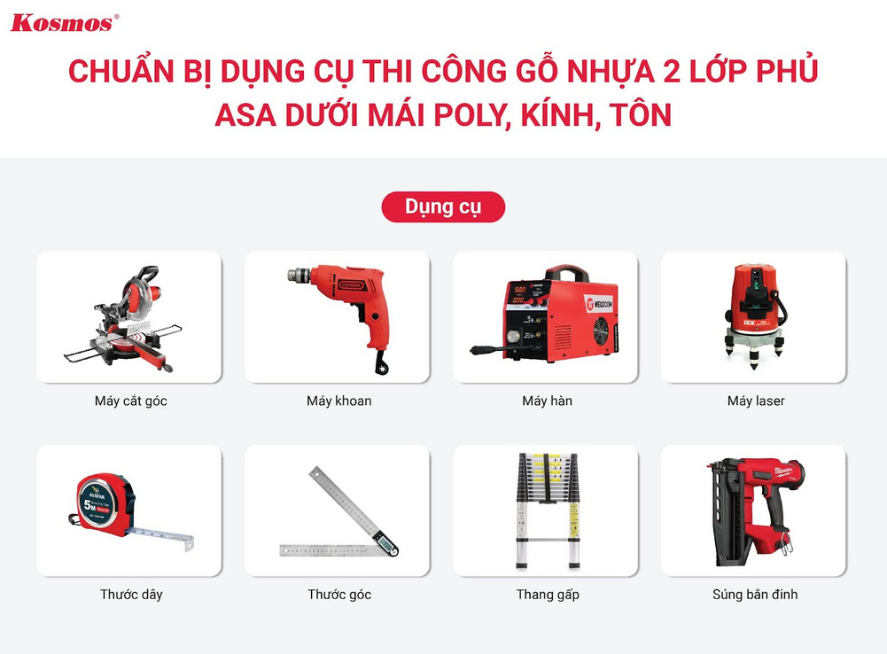 8 dụng cụ thi công ốp trần cho lam sóng gỗ nhựa 2 lớp phủ ASA dưới mái poly, kính, tôn 8 dụng cụ thi công ốp trần cho lam sóng gỗ nhựa 2 lớp phủ ASA dưới mái poly, kính, tôn