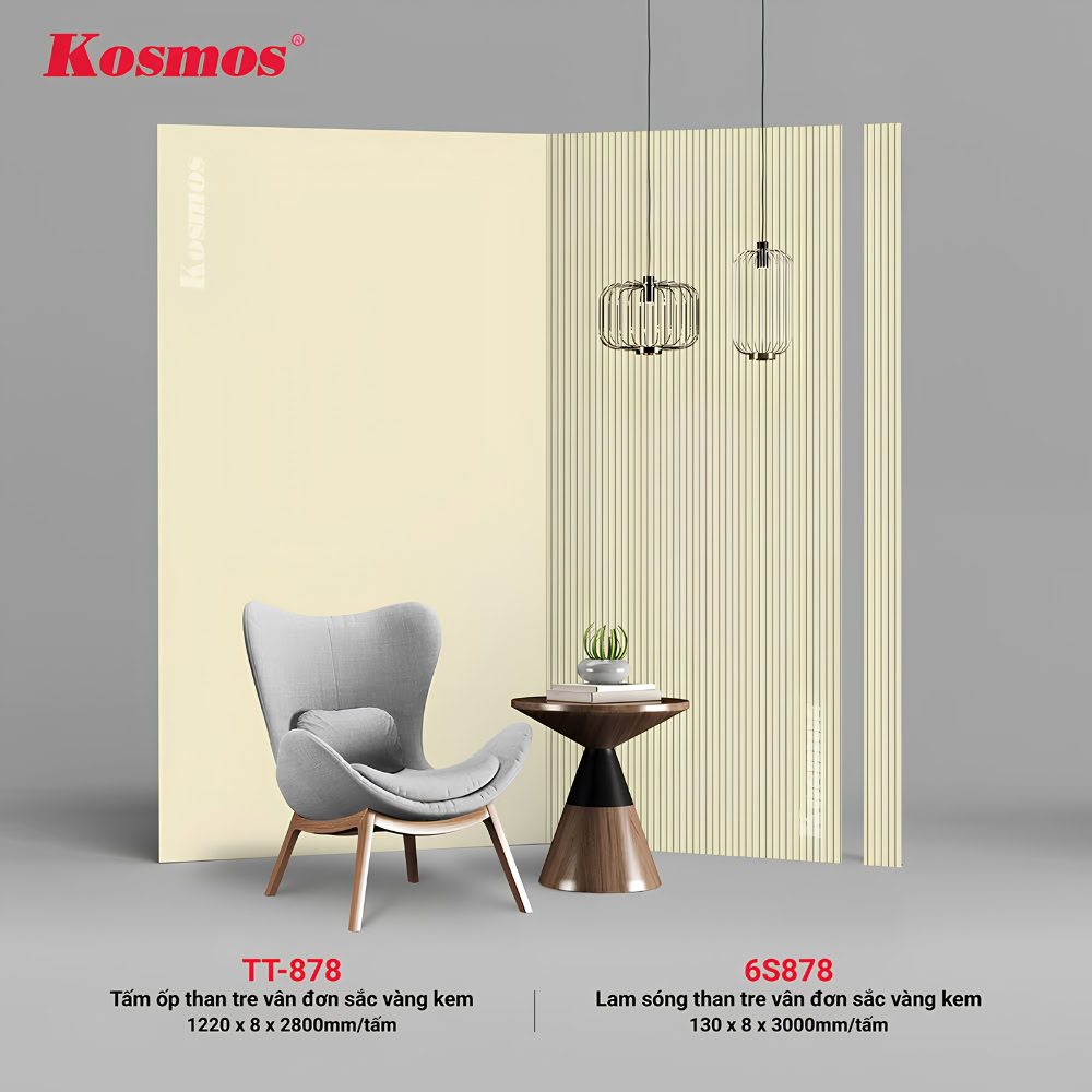 Bộ đồng màu tấm ốp than tre vân đơn sắc vàng kem (6S878 & TT-878) 