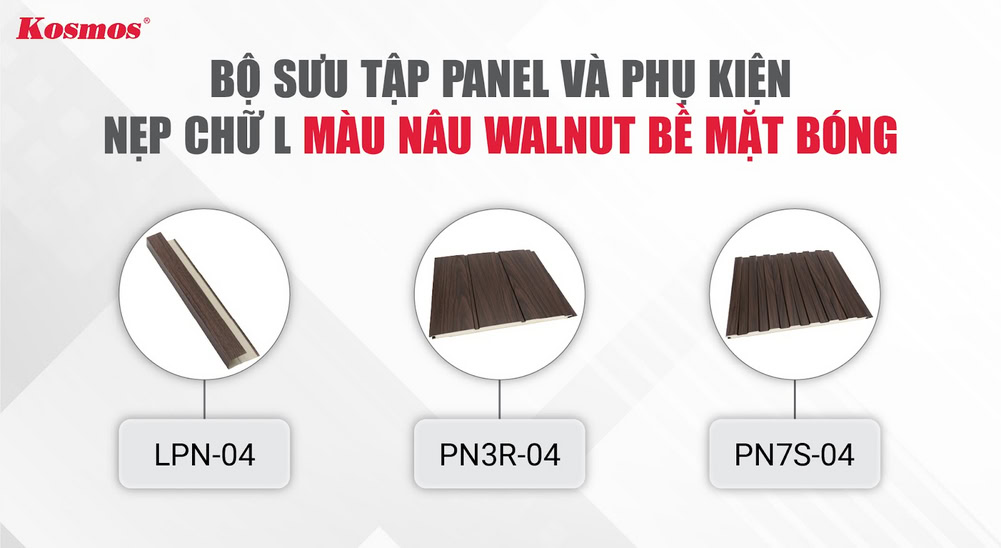 Collection of L-shaped panels and accessories with glossy walnut surface