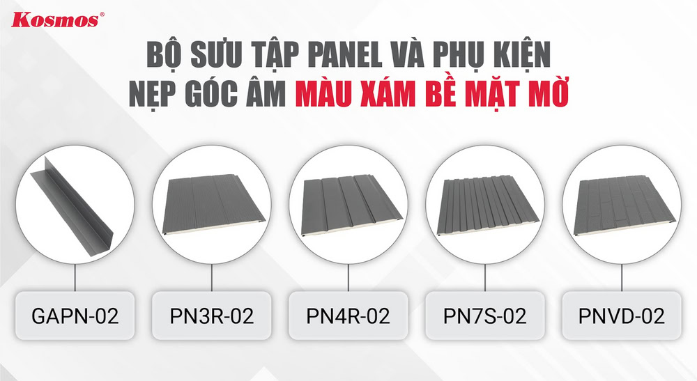 Bộ sưu tập Panel và phụ kiện nẹp góc âm màu xám bề mặt mờ
