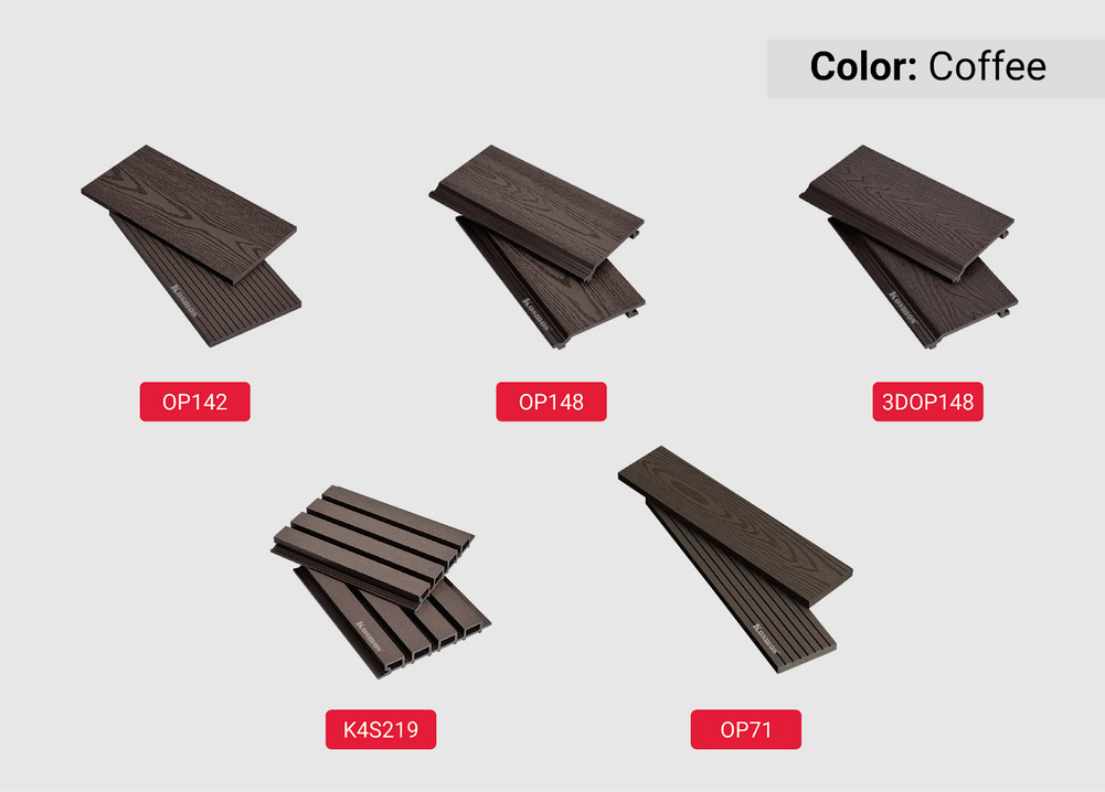 Bộ tấm ốp gỗ nhựa ngoài trời 1 lớp màu Coffee