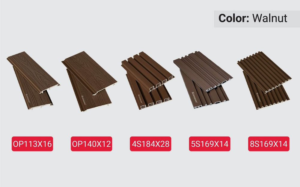 Bộ tấm ốp gỗ nhựa ngoài trời 2 lớp phủ ASA màu Walnut Bộ tấm ốp gỗ nhựa ngoài trời 2 lớp phủ ASA màu Walnut