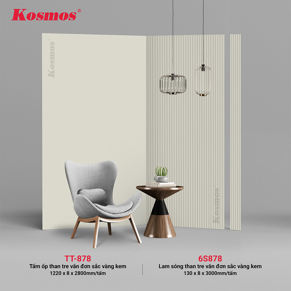 Bộ đồng màu tấm ốp than tre vân đơn sắc vàng kem (6S878 & TT-878)