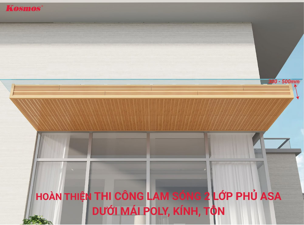 Công trình hoàn thiện ốp trần dọc bằng lam sóng gỗ nhựa 2 lớp phủ ASA dưới mái poly, kính, tôn Công trình hoàn thiện ốp trần dọc bằng lam sóng gỗ nhựa 2 lớp phủ ASA dưới mái poly, kính, tôn