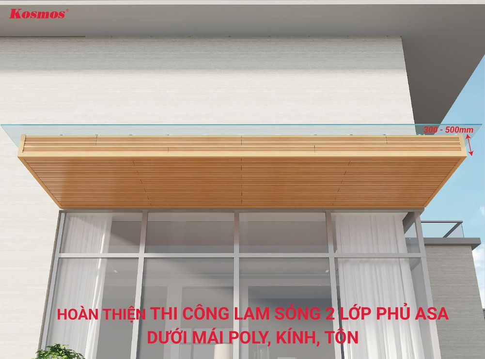 Công trình hoàn thiện ốp trần ngang bằng lam sóng gỗ nhựa 2 lớp phủ ASA dưới mái poly, kính, tôn Công trình hoàn thiện ốp trần ngang bằng lam sóng gỗ nhựa 2 lớp phủ ASA dưới mái poly, kính, tôn