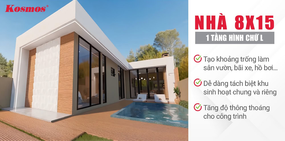 Điểm mạnh của kiểu thiết kế nhà 8x15 hình chữ L 1 tầng Điểm mạnh của kiểu thiết kế nhà 8x15 hình chữ L 1 tầng