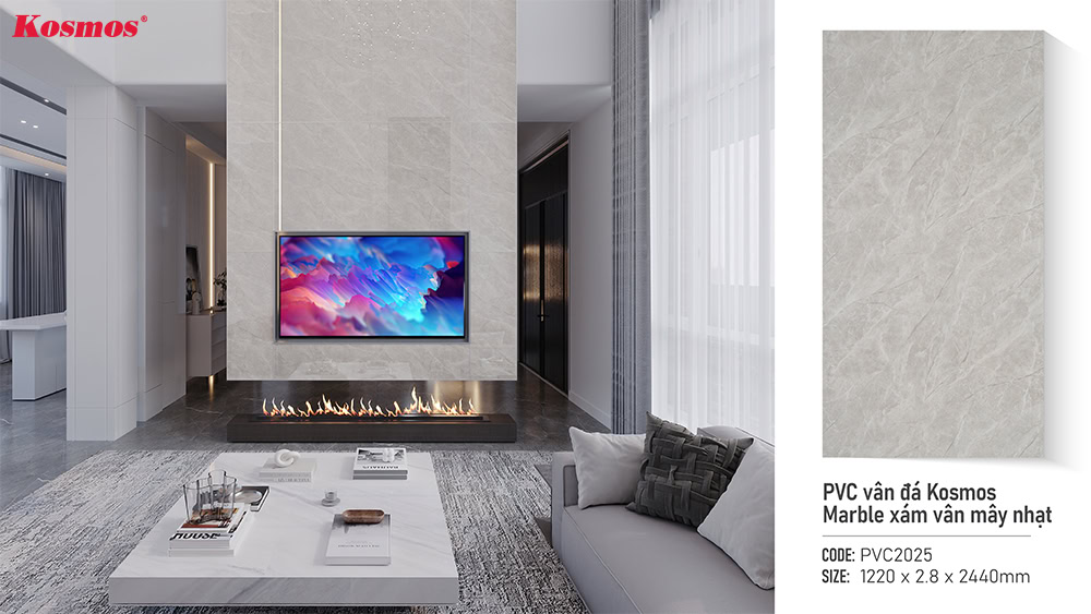 Hình map tấm nhựa ốp tường PVC vân đá Kosmos được dựng mô hình 3D vách tivi phòng khách