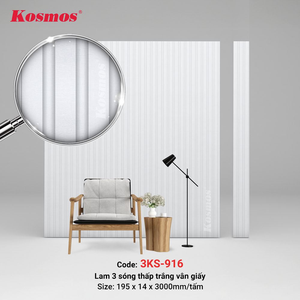 Lam 3 sóng thấp mã 3SK-916 trắng vân giấy mang tính thẩm mỹ cao