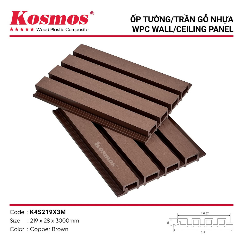 Lam sóng gỗ nhựa 1 lớp ngoài trời Kosmos K4S219X3M Copper Brown