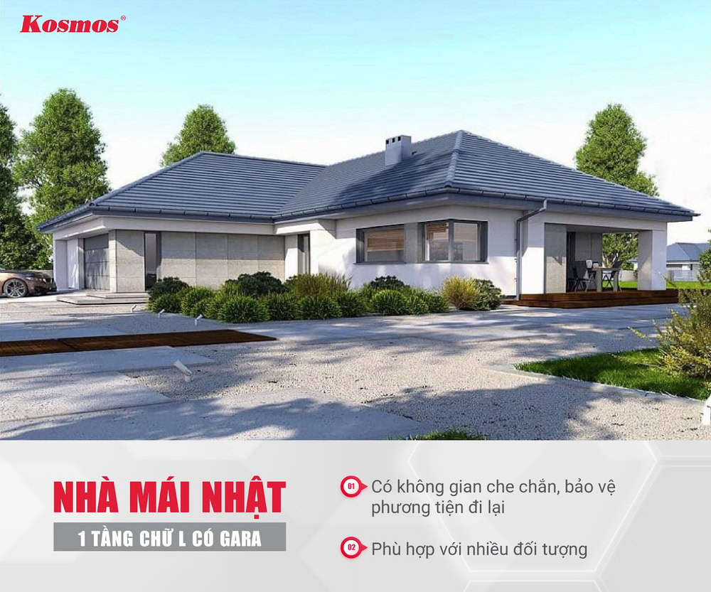 Lợi ích khi xây dựng nhà mái Nhật 1 tầng hình chữ L có gara