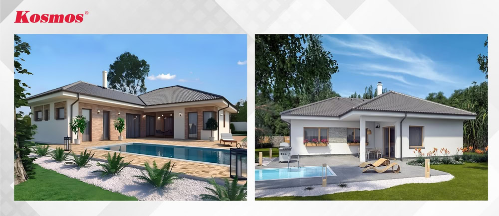 Mẫu nhà mái Nhật chữ L 1 tầng có hồ bơi