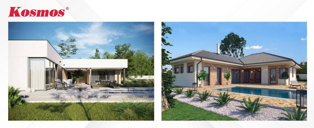 Nhà 1 tầng 4 phòng ngủ 150m² kết cấu hình chữ L Nhà 1 tầng 4 phòng ngủ 150m² kết cấu hình chữ L