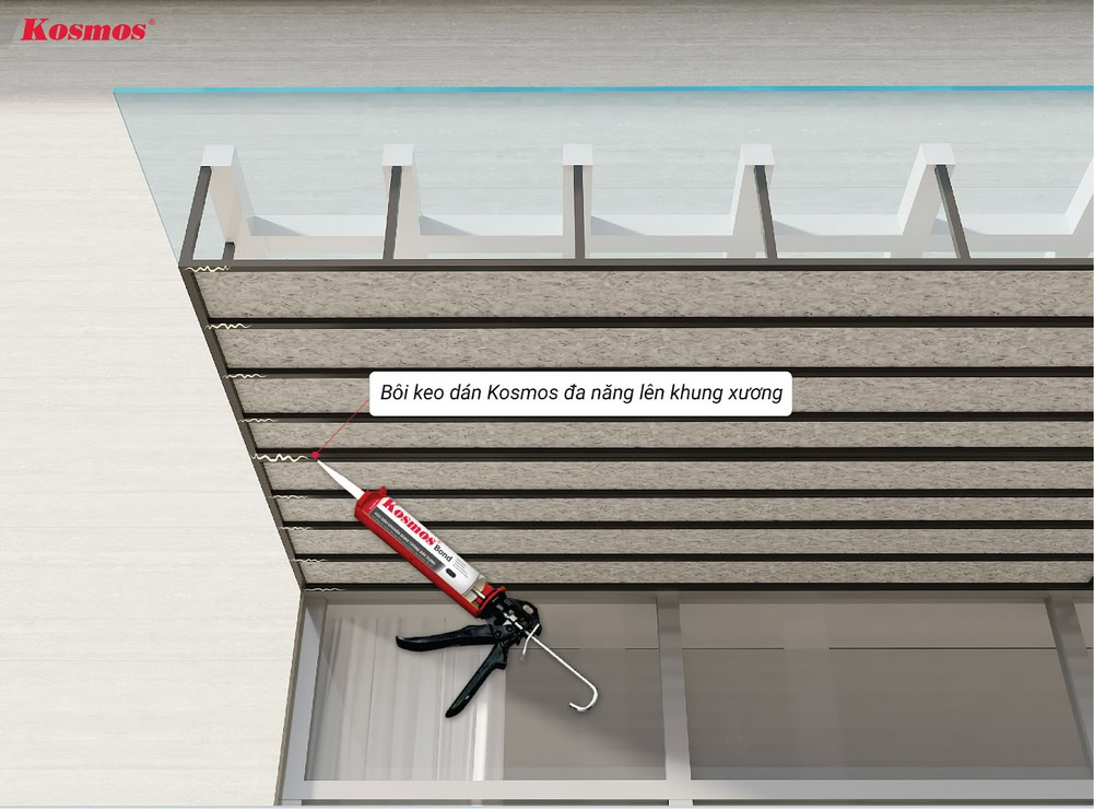 Ốp dọc: Bôi keo Kosmos đa năng lên khung xương Ốp dọc: Bôi keo Kosmos đa năng lên khung xương