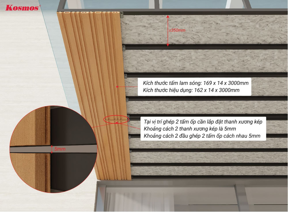 Ốp dọc: Khoảng cách 2 tấm ốp tại vị trí nối tấm 5mm và được lắp trên thanh xương kép Ốp dọc: Khoảng cách 2 tấm ốp tại vị trí nối tấm 5mm và được lắp trên thanh xương kép