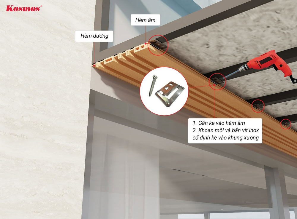 Ốp ngang: Cố định ke và vít inox tại hèm âm của tấm lam sóng đầu tiên Ốp ngang: Cố định ke và vít inox tại hèm âm của tấm lam sóng đầu tiên