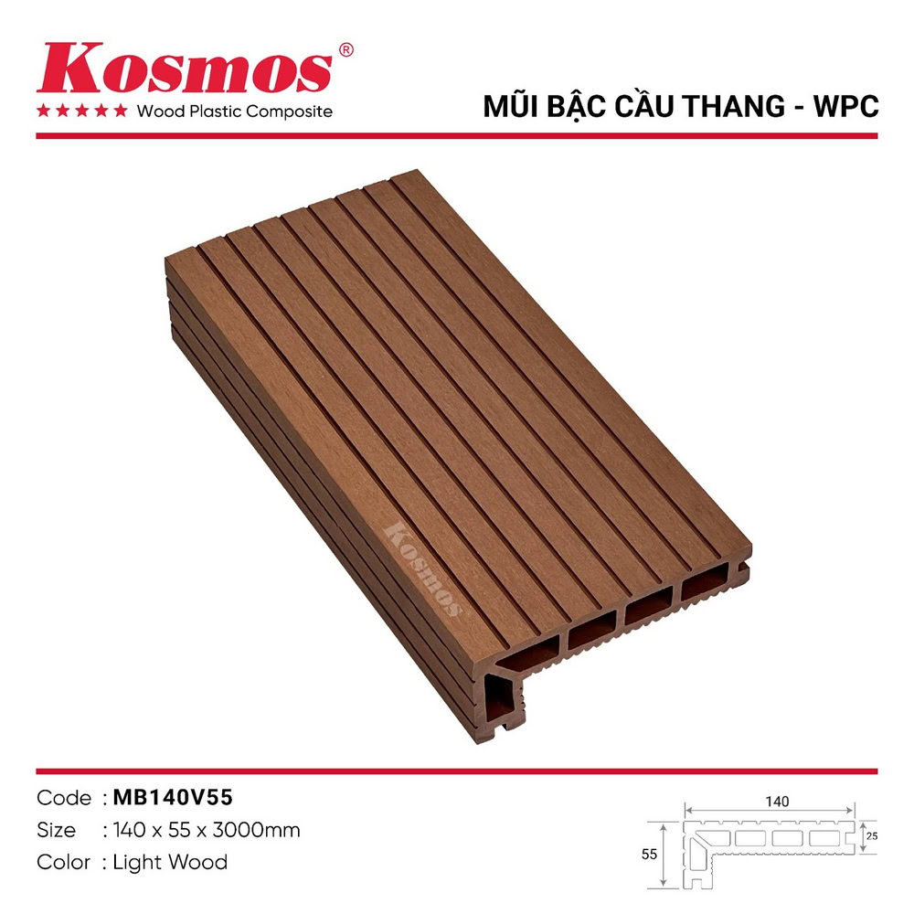 Phụ kiện mũi bậc cầu thang gỗ nhựa ngoài trời MB140V55 Light Wood Phụ kiện mũi bậc cầu thang gỗ nhựa ngoài trời MB140V55 Light Wood