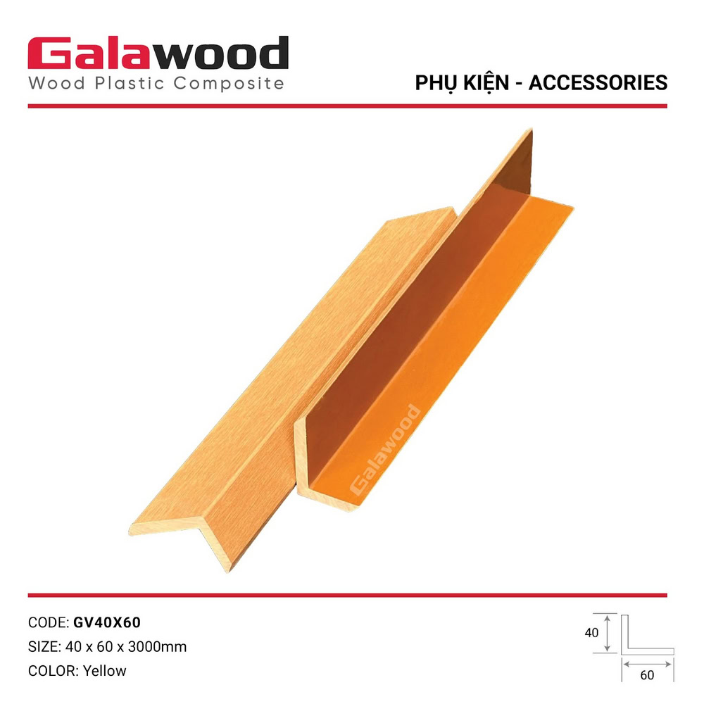 Phụ kiện nẹp V gỗ nhựa 1 lớp Galawood GV40X60 màu Yellow Phụ kiện nẹp V gỗ nhựa 1 lớp Galawood GV40X60 màu Yellow