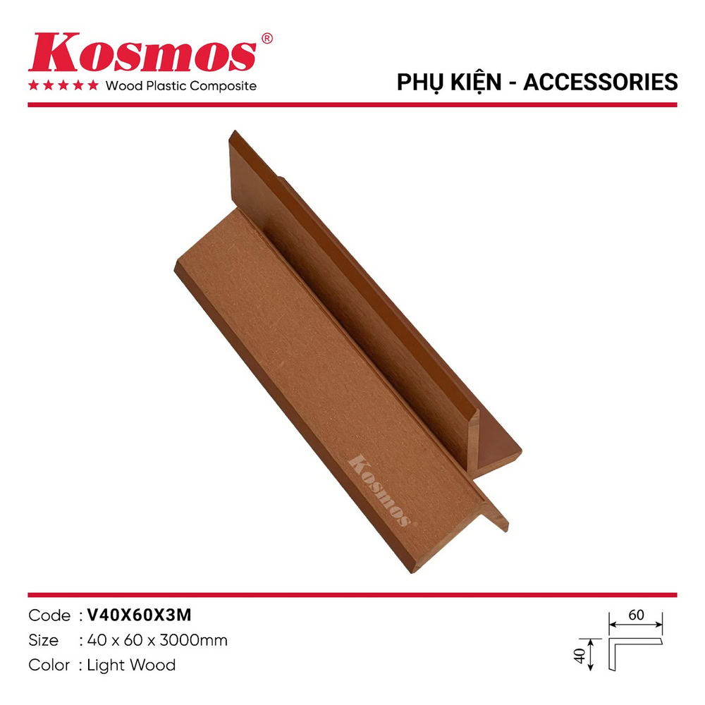 Phụ kiện nẹp V gỗ nhựa 1 lớp Kosmos V40X60 màu Light Wood Phụ kiện nẹp V gỗ nhựa 1 lớp Kosmos V40X60 màu Light Wood