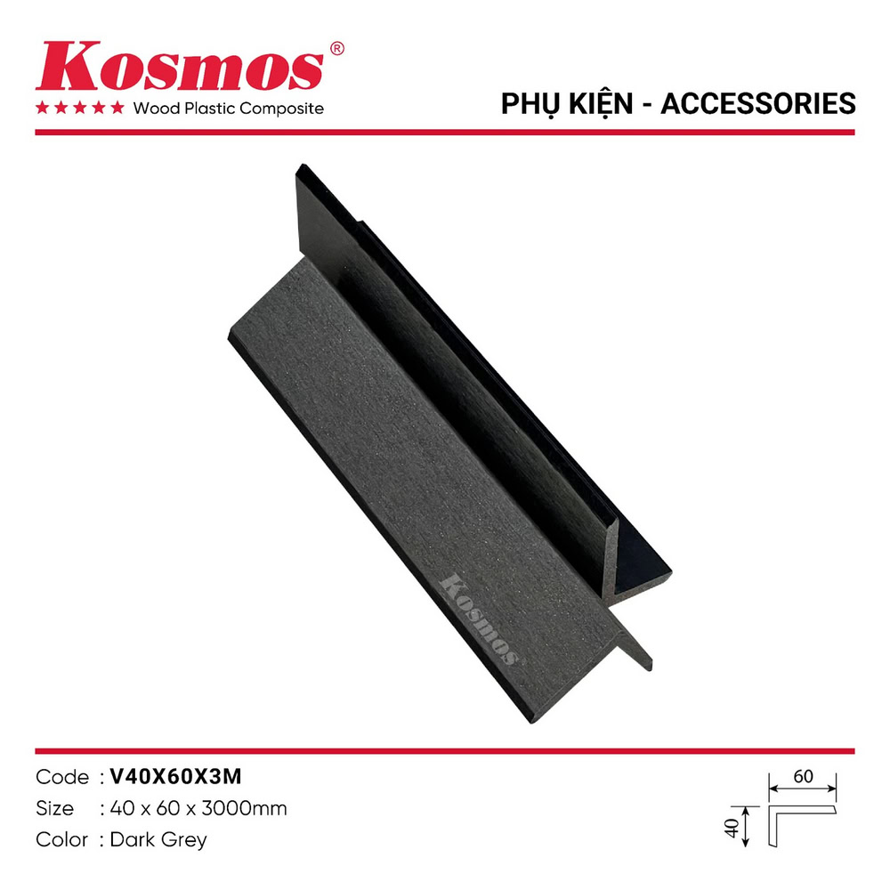 Phụ kiện nẹp V gỗ nhựa Kosmos V40X60 màu Dark Grey