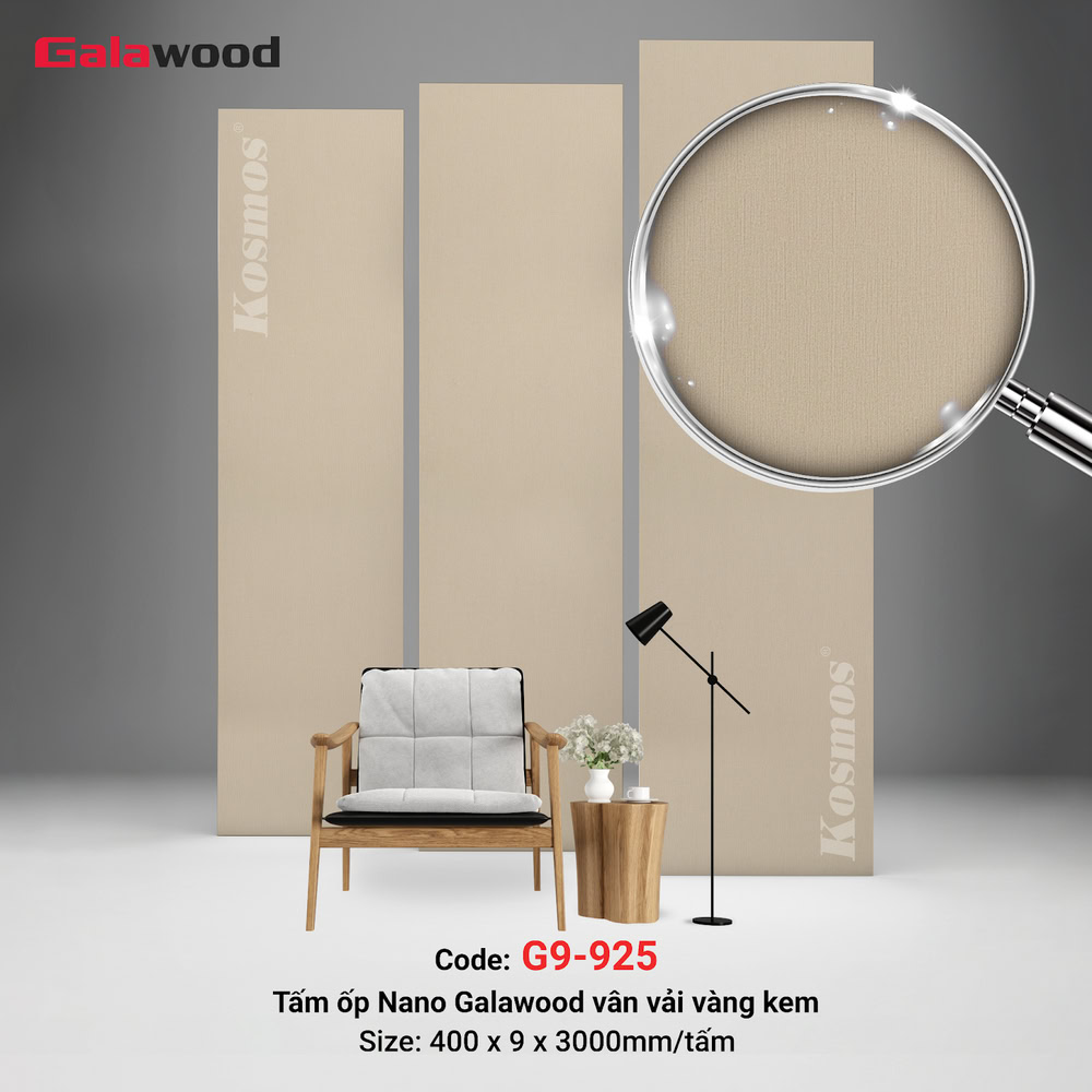 Tấm ốp Galawood G9-925 vân vải vàng kem mang tính thẩm mỹ cao Tấm ốp Galawood G9-925 vân vải vàng kem mang tính thẩm mỹ cao