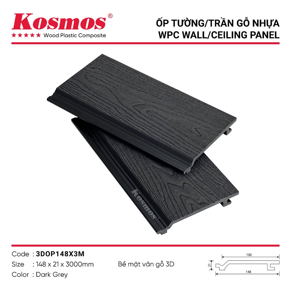 Tấm ốp gỗ nhựa Kosmos vân gỗ 3D 3DOP148X3M Dark Grey Tấm ốp gỗ nhựa Kosmos vân gỗ 3D 3DOP148X3M Dark Grey