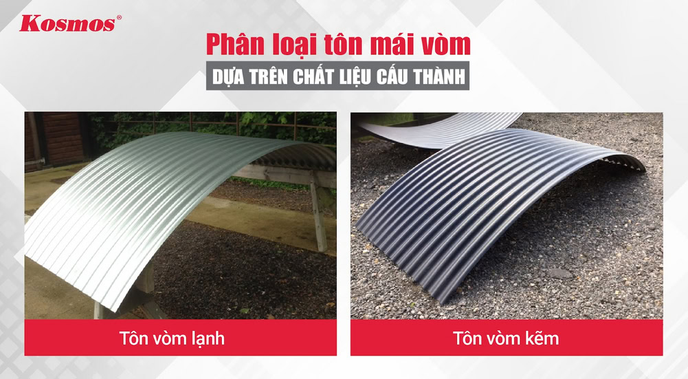 Tôn chấn vòng có 2 phân loại dựa theo chất liệu là tôn vòm lạnh và tôn vòm kẽm Tôn chấn vòng có 2 phân loại dựa theo chất liệu là tôn vòm lạnh và tôn vòm kẽm