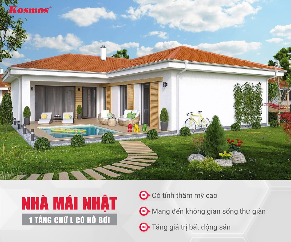 Ưu điểm nổi bật của nhà mái Nhật 1 tầng chữ L tích hợp hồ bơi