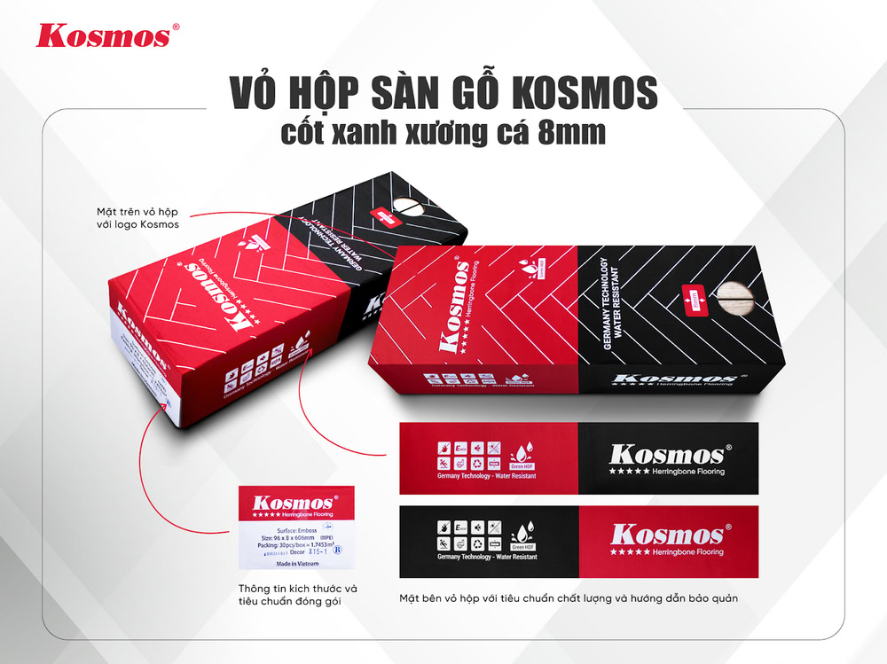 Vỏ hộp sàn gỗ Kosmos cốt xanh xương cá 8mm (mã X) Vỏ hộp sàn gỗ Kosmos cốt xanh xương cá 8mm (mã X)