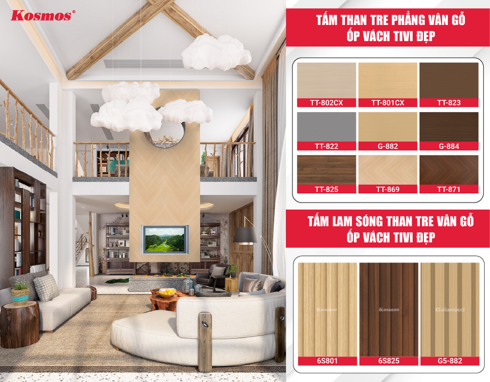 Bộ sưu tập tấm than tre vân gỗ ốp vách tivi đến từ Kosmos
