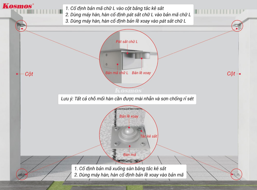 Cố định 2 bản lề xoay ở dưới trụ cổng và trên trụ cổng