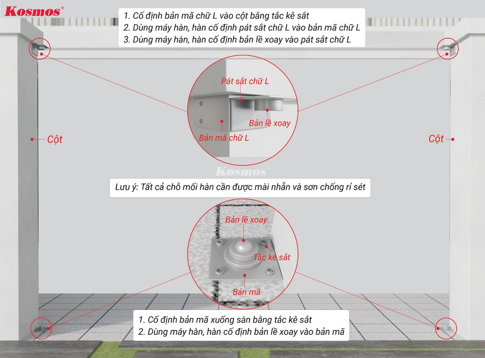 Cố định 2 bản lề xoay ở dưới trụ cổng và trên trụ cổng