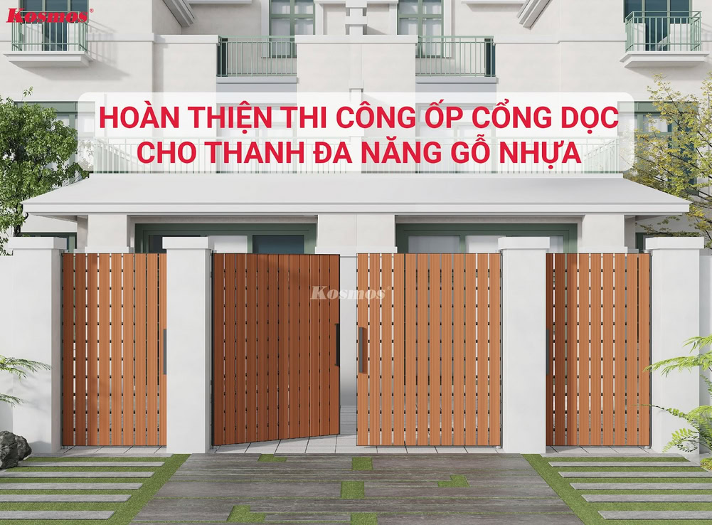 Công trình hoàn thiện ốp cổng dọc bằng thanh đa năng gỗ nhựa bắn đinh chỉ đồng