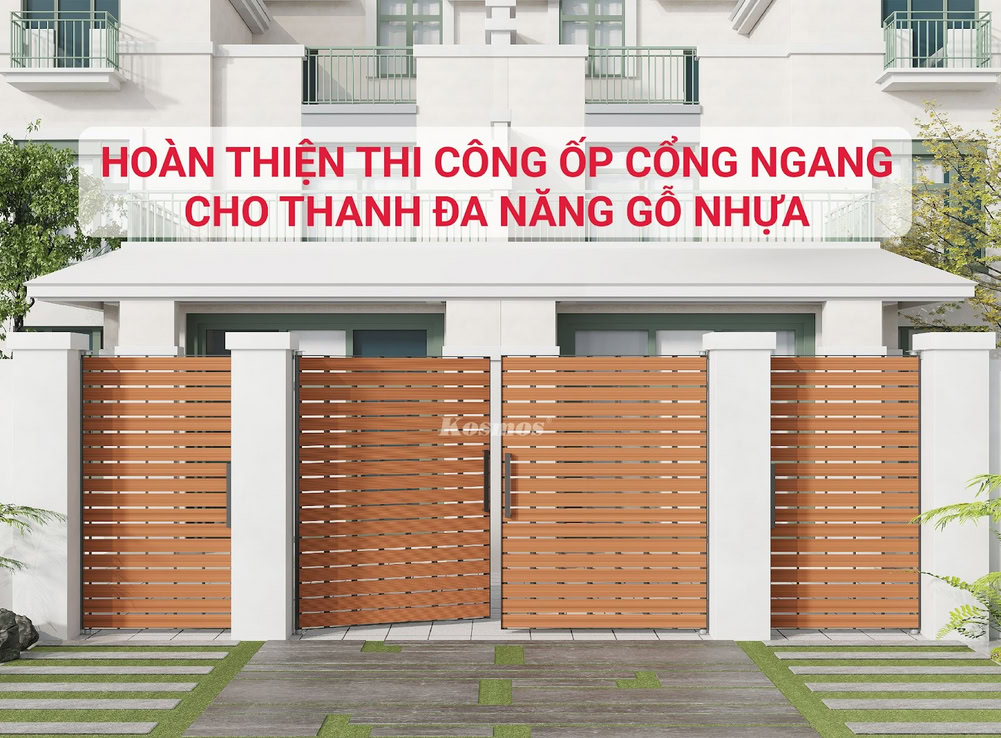 Công trình hoàn thiện ốp cổng ngang bằng thanh đa năng gỗ nhựa bắn đinh chỉ đồng